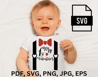 May include: A white onesie with a black bow tie and the text "1st My Valentines" in black. The onesie is worn by a baby with a red bow tie.