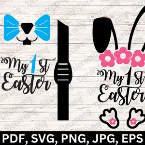 May include: Two digital cut files for a bunny and a baby with the text "My 1st Easter" in black and blue. The bunny has pink flowers on its head and the baby has a blue bow tie.