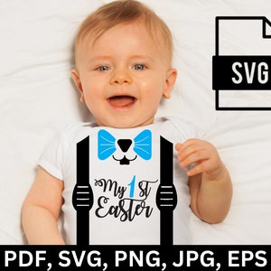 May include: A white onesie with a black bow tie and the text "My 1st Easter" in black. A baby boy is wearing the onesie.