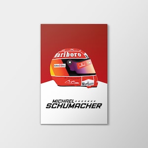 Könnte beinhalten: Ein roter, weißer und gelber Rennhelm mit dem Marlboro-Logo und dem Namen Michael Schumacher. Der Helm befindet sich auf einem weißen Hintergrund mit dem Text "MICHAEL SCHUMACHER" in Schwarz.