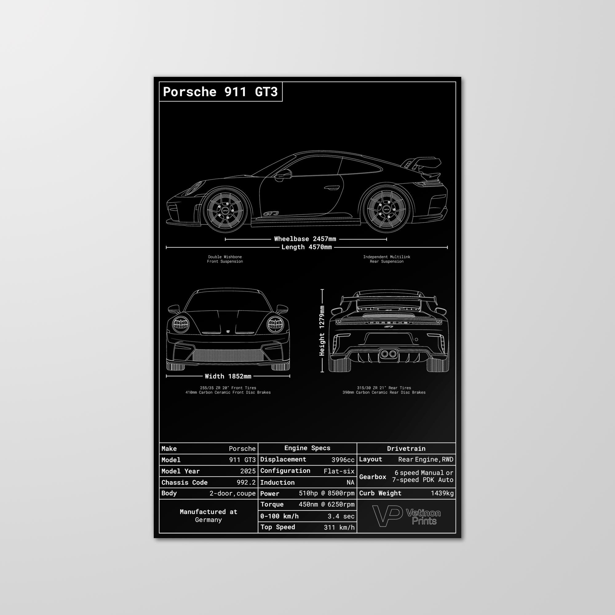 Porsche 911 GT3 992.2 Blueprint Poster, Porsche 911 Blueprint
