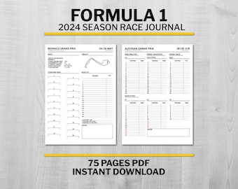 F1 Journal 2024, F1 2024 Planner, Formule 1 2024, Monza, Monaco, Spa, Suzuka, Austin, Zandvoort, 75 pages, 24 courses, téléchargement immédiat