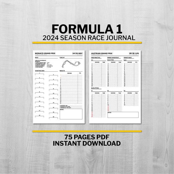 F1 Journal 2024, F1 2024 Planner, Formula 1 2024, Monza, Monaco, Spa, Suzuka, Austin, Zandvoort, 75 Pages, 24 Races, Instand Download