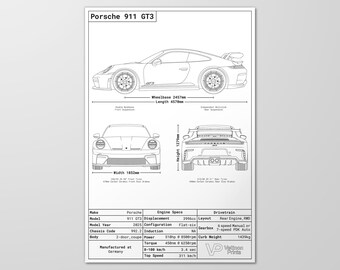 ポルシェ 911 GT3 992.2 設計図ポスター、ポルシェ 911 設計図