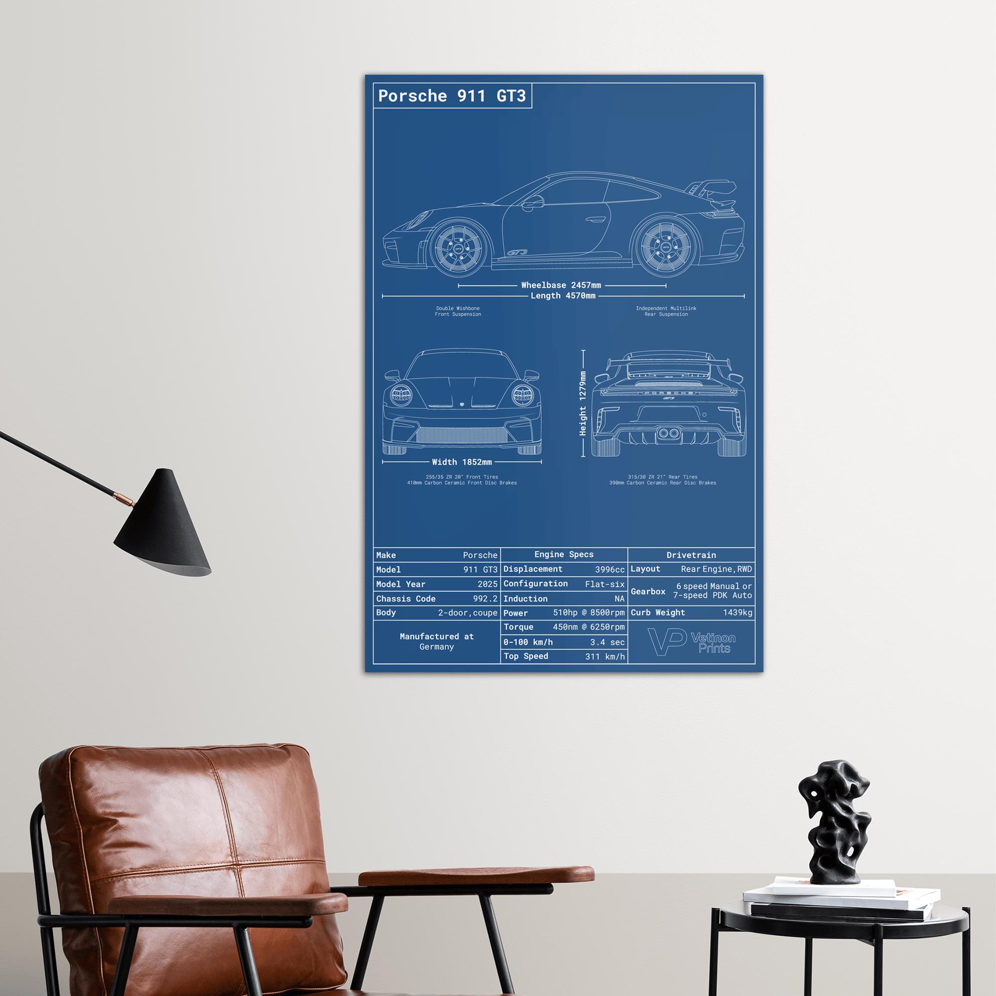 Porsche 911 GT3 992.2 Blueprint Poster, Porsche 911 Blueprint