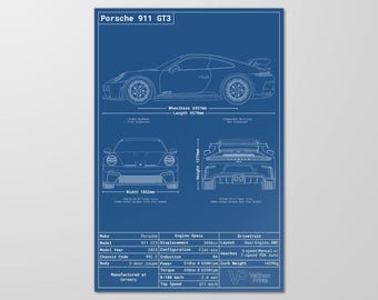 Poster con progetto Porsche 911 GT3 992.2, progetto Porsche 911, poster Porsche, download digitale, arredamento per ufficio, regalo per appassionati di auto
