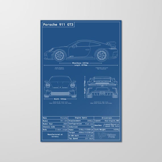 Porsche 911 GT3 992.2 Blueprint Poster, Porsche 911 Blueprint