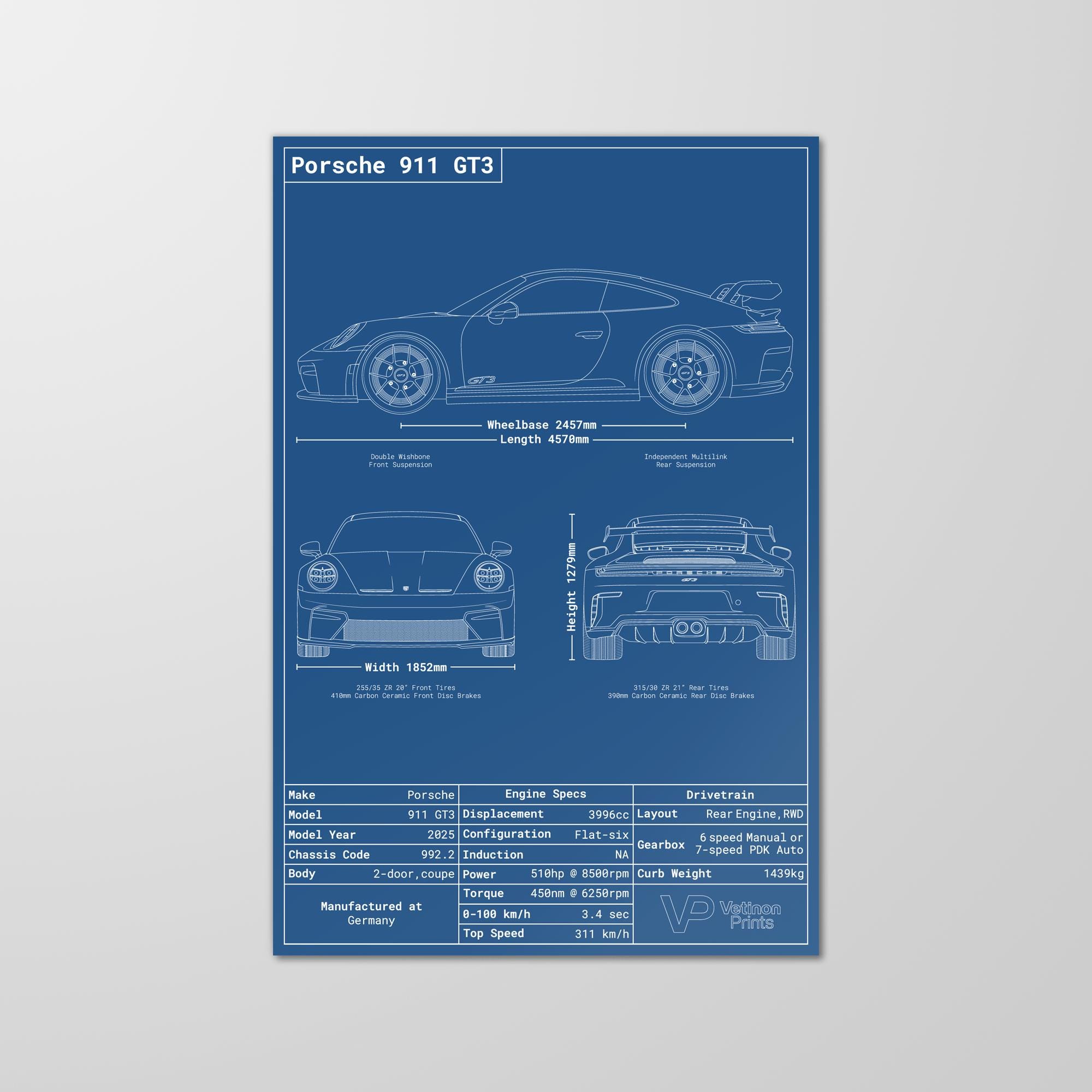 Porsche 911 GT3 992.2 Blueprint Poster, Porsche 911 Blueprint