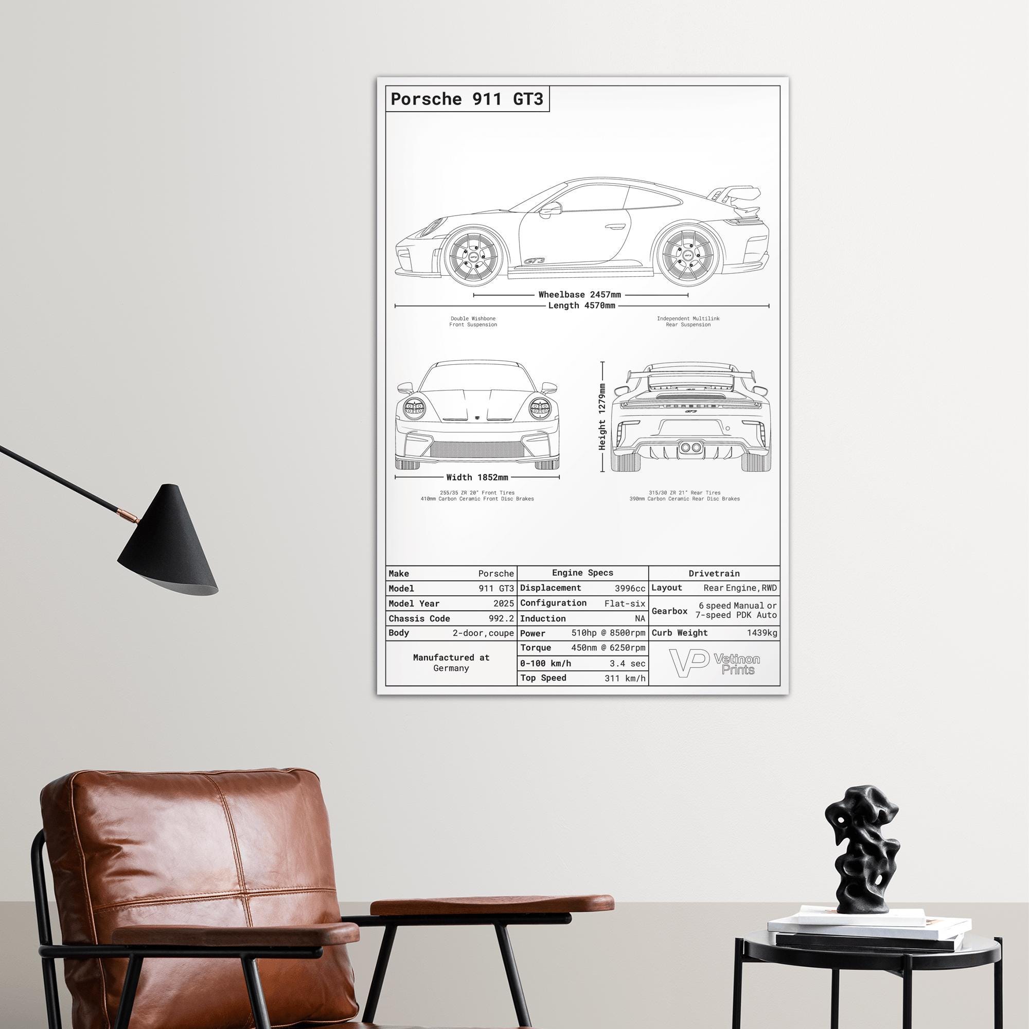 ポルシェ 911 GT3 992.2 設計図ポスター、ポルシェ 911 設計図