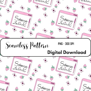 May include: Seamless pattern design featuring pink computer windows with the text "Sobrang Latina", strawberries, and small envelopes on a white background. The design also includes the text "Seamless Pattern" and "Digital Download".