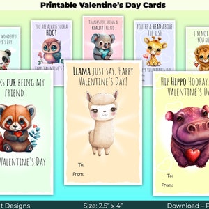 Lindo animal Tarjetas de San Valentín - Descarga imprimible, Descarga instantánea, Tarjetas de San Valentín para niños, Aula