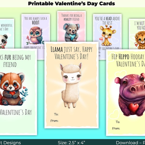 Cute Animal Valentine's Day Cards - Printable Download, Instant Download, Valentine's Day Cards for Kids, Classroom