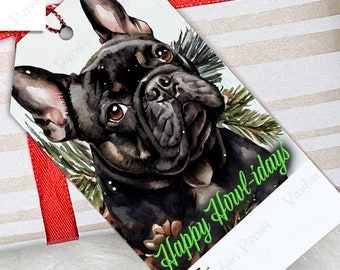 Watercolor Christmas French Bulldog Gift Tags– Printable, instant download, labels