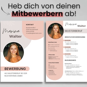 Puede incluir: Plantilla de currículum vitae de dos páginas con una foto de Marina Walter. El currículum presenta una combinación de colores rosa claro y blanco con secciones para información de contacto, experiencia laboral, educación y habilidades. El texto "Heb dich von deinen Mitbewerbern ab!" está en la parte superior.