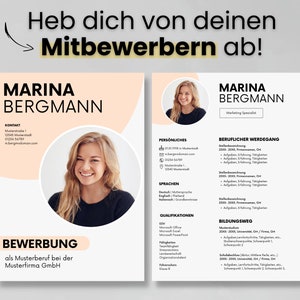 May include: A professional resume template featuring a woman's photo, with sections for contact information, personal details, and work experience. The design includes a peach and white color scheme with German text.