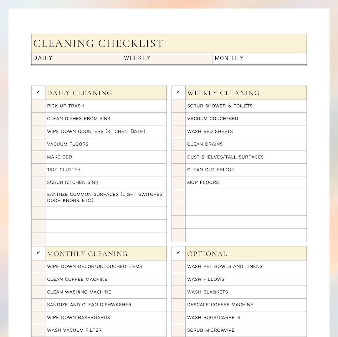 Organized Cleaning Checklist; Daily, Weekly, Monthly - Etsy