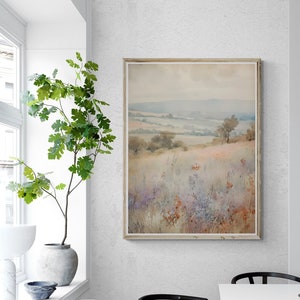 French Lavender Wildflower Meadow Watercolor Painting - French Valley, Rolling Hills, Soft Pastel Colors, Rustic Home Decor Art, muted