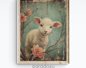 Easter Lamb Printable Wall Art Vintage Classy Spring Artwork Easter Farmhouse Decor Antique Sheep Painting Spring Lamb Poster