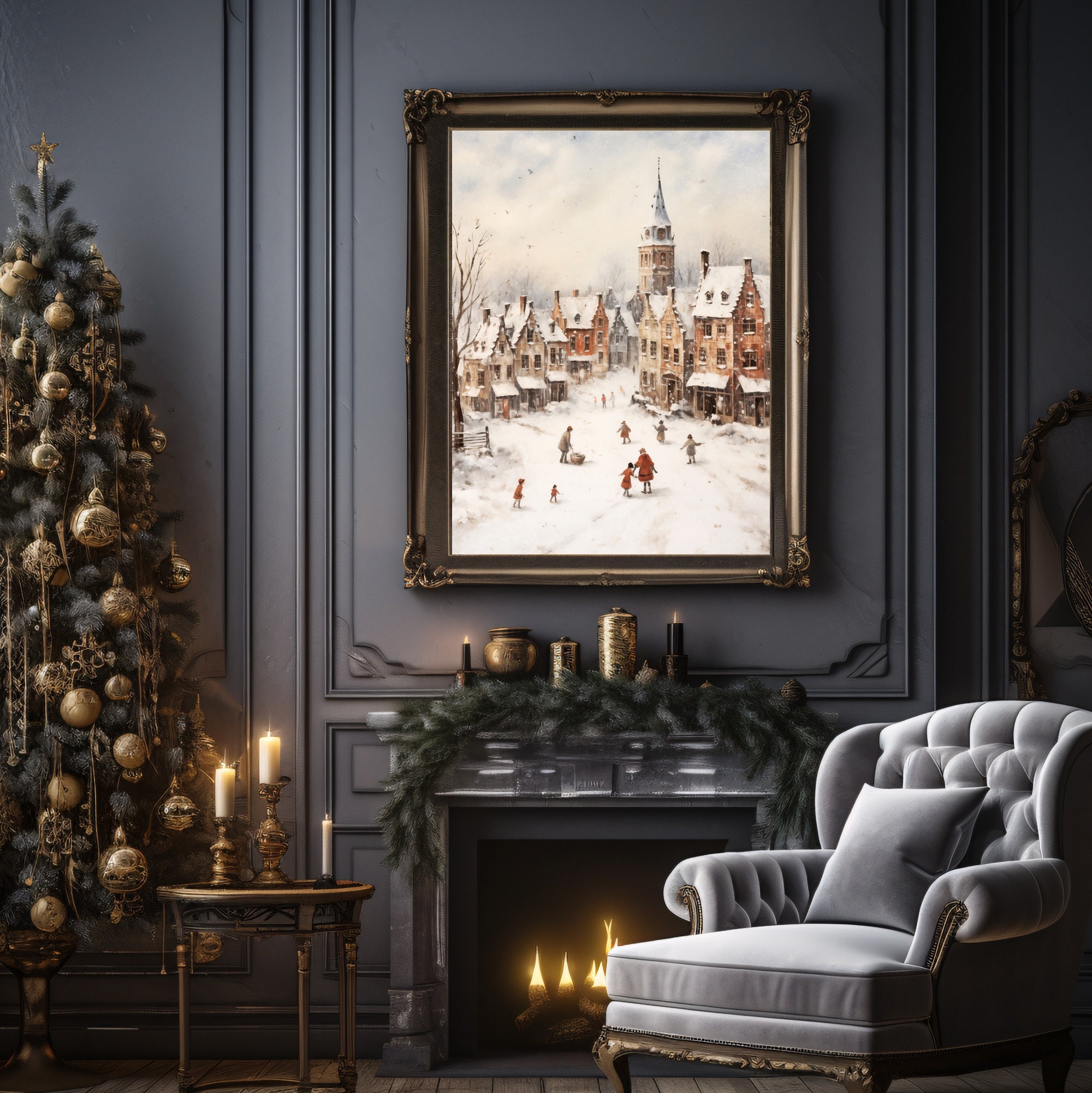 Winter Village Printable Wall Art Vintage Winter Landscape - Etsy