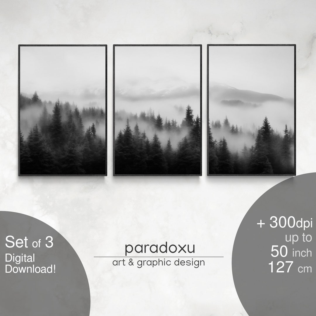 Set of 3 Black and White Forest Wall Art 3 Piece Mountain Forest Wall