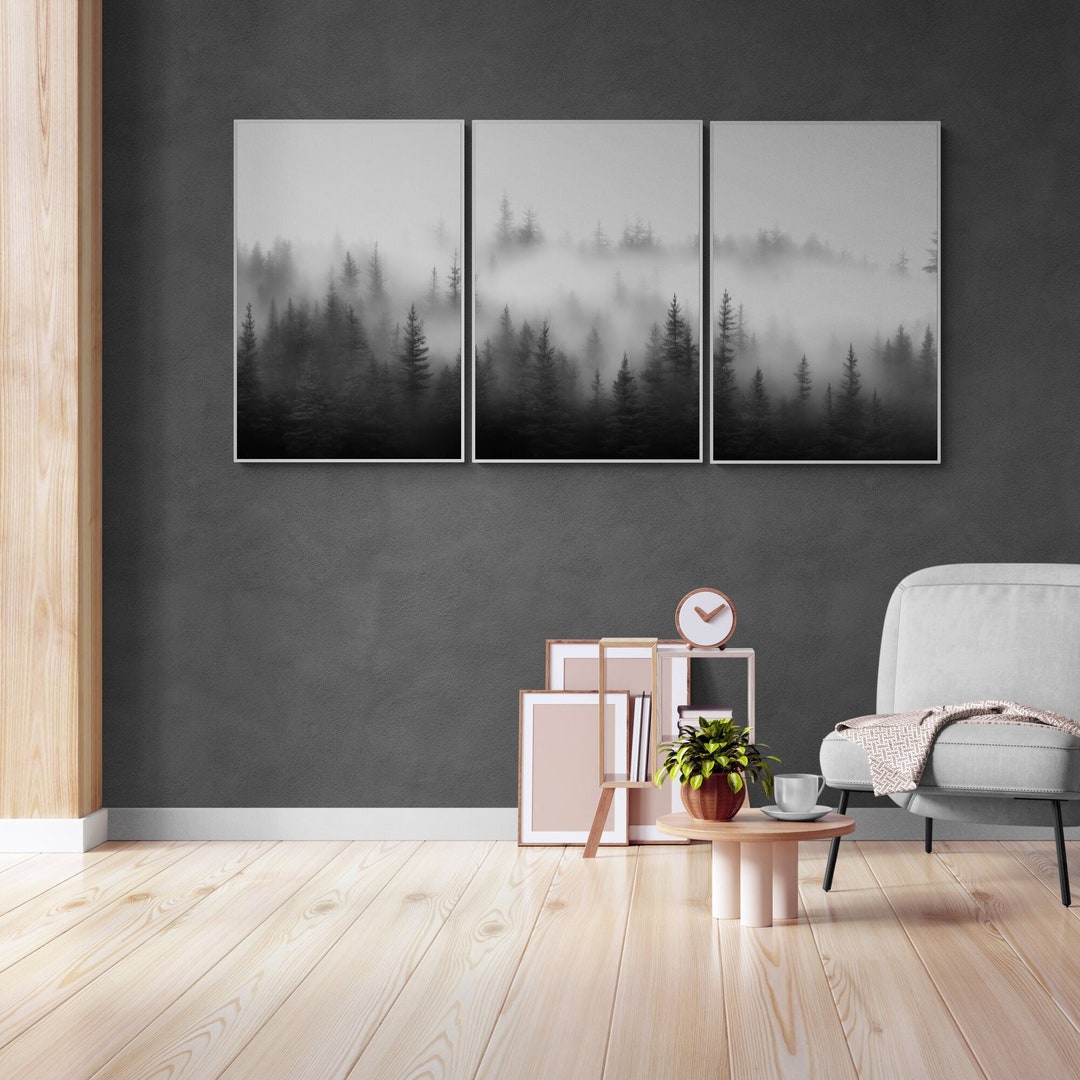 Foggy Forest Black and White Wall Art Set of 3 Woodland Wall Art ...
