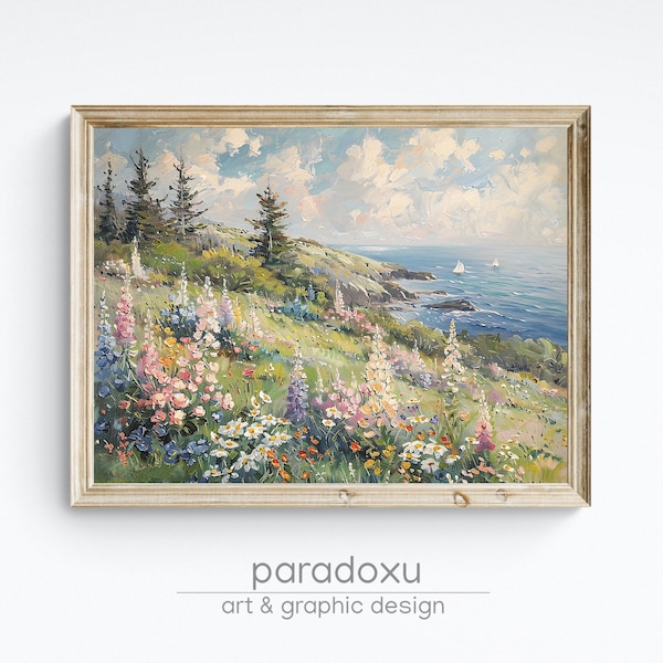 Coastal Wildflower Landscape Printable Wall Art Vintage Floral Painting Colorful Seascape Painting Cottage Country Wall Decor