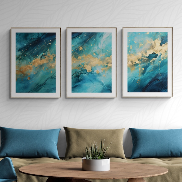 Blue and Gold Printable Wall Art Set of 3 Prints Abstract Petrol Design with Gold Bedroom Art Modern Gold Wall Art Triptych Prints