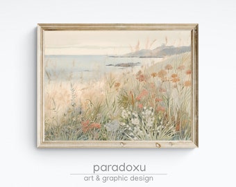 French Coastal Wildflower Meadow Watercolor Painting - Hills, Blooming Flowers, Seaside Village, Rustic Home Decor Art, Pastel Colors