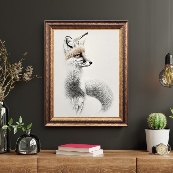 Red Fox Sketch vintage etching pencil artwork minimalist art nature animal drawing Cottagecore Decor Living Room Printable Wall Art