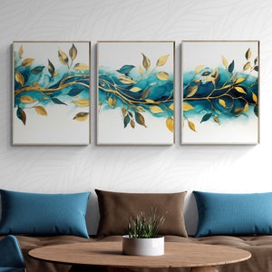 Petrol and Gold Printable Wall Art Set of 3 Prints Abstract Petrol Design on White Background and Golden Leaves Living Room Decor Print