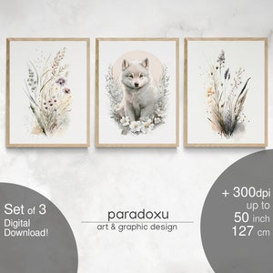 3er Set Baby Wolf Kinderzimmer Dekor Tier Wandkunst geschlechtsneutral Tier Kinderzimmer Wolf Druck Blumen Baby Wolf DRUCKBARER DIGITALER DOWNLOAD