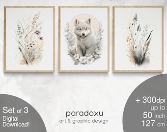 Set of 3 baby wolf Nursery decor animal wall art gender neutral animal nursery wolf printing flowers baby wolf PRINTABLE DIGITAL DOWNLOAD