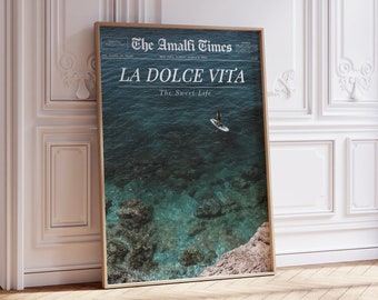 Coastal NewsPrint, La Dolce Vita, Italian Summer Beachy Art Newspaper Print Wall Art | Trendy Wall Art Vintage Bar Cart, Printable Wall Art