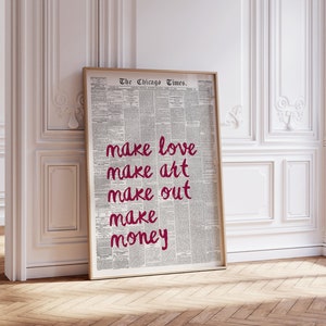 Sztuka ścienna w stylu retro, estetyczna sztuka ścienna, cytat Make love Make Art Print, modna sztuka ścienna, wystrój pokoju w akademiku, estetyczna sztuka ścienna | Wydruk cyfrowy