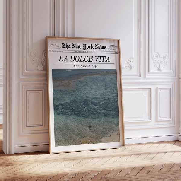 La Dolce Vita Trendy Newspaper Print, Retro Beachy Art Newspaper Print Wall Art | Coastal Wall Art, Printable Wall Art