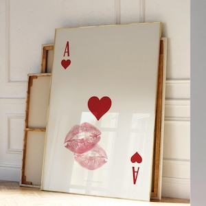 Playing Card Wall art Retro Kiss Lips Ace of Hearts Spades Print Red Wall Art Femme Fatale Print | Apartment aesthetic | Instant Download