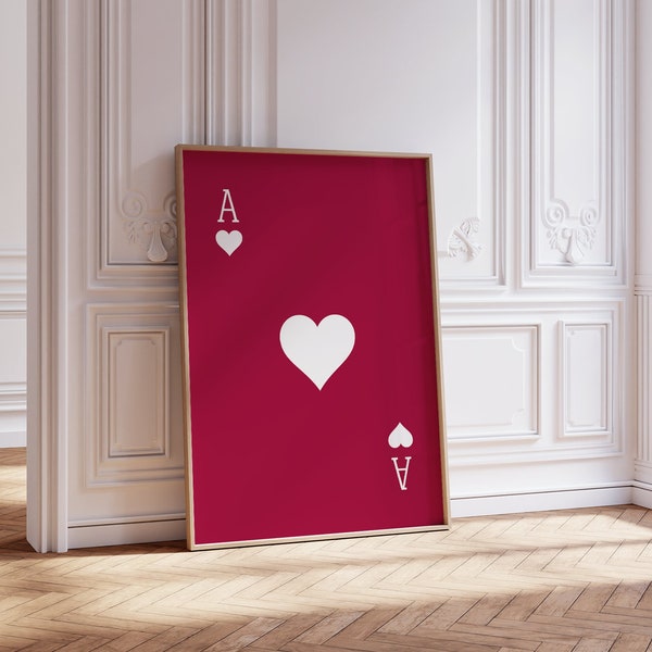 Retro Playing Card Poster, Red and White Wall art, Trendy Ace Of Hearts | Apartment Dorm, Minimalist | Playing Cards | Instant Download