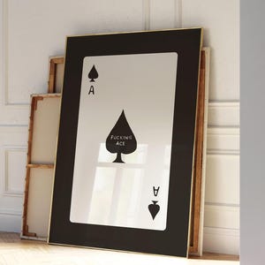 Carta da gioco, arte murale in bianco e nero, fottuto asso, asso di cuori, poster retrò divertente per appartamento / Download immediato