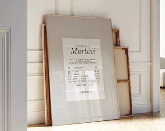 Espresso Martini Print | Cocktail Recipe Receipt Print | Trendy Minimalist Wall art | Guest Check, Trendy Vintage Retro | Instant Download