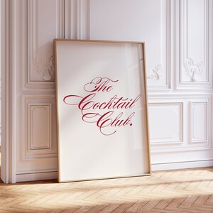 Retro Cocktail Club Wall Art Print, Modna czerwona sztuka ścienna z alkoholem, Bar Cart, Minimalistyczny | Estetyka apartamentu | Do wydrukowania natychmiastowe pobranie