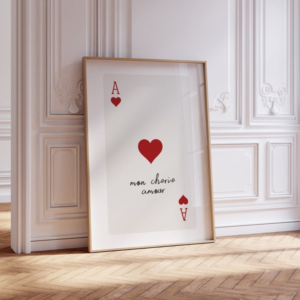 Coquette Playing Card Print, Mon cherie Amour Wall Art, Ace Of Hearts, Red Card, Apartment decor Vintage Minimalist | Instant Download