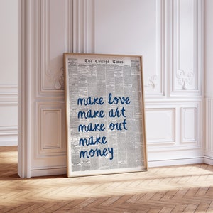 Sztuka ścienna w stylu retro, estetyczna sztuka ścienna, cytat Make love Make Art Print, modna sztuka ścienna, wystrój pokoju w akademiku, estetyczna sztuka ścienna | Wydruk cyfrowy