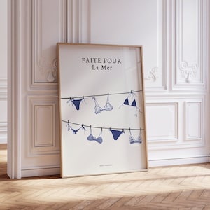 Impresión de pared costera de moda, cartel de bikini vintage, arte de pared de verano, impresión estética de apartamento azul francés, día de lavandería / descarga instantánea