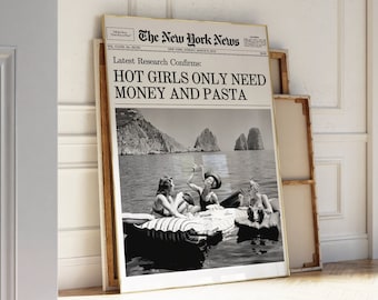 Trendy Newspapers Print, Retro Wall Art, Pasta, New York News | Vintage Bar Cart Art, Girly Dorm Apartment Aesthetic Art | Instant Download