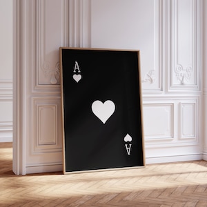 Poster retrò di carte da gioco, arte murale in bianco e nero, trendy asso di cuori / appartamento dormitorio, minimalista / carte da gioco / download immediato