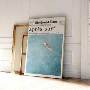 Impresión costera, póster de surf, après surf, arte mural playero, océano, impresión de periódico, titular / western azul, surf retro / arte mural imprimible