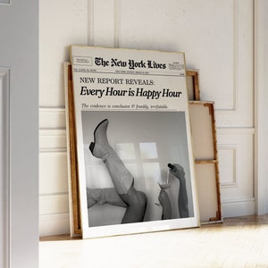 Trendy Cowgirl New York Newspaper Print, Coastal Cowgirl Headline Print, Every Hour is Happy Hour, Vintage Bar Cart, Dorm | Instant Download