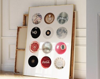 Vintage Retro Print Trendy Wall Art, Retro Collage Wall Art, Trendy Dorm Room Decor, 8 Ball Print, Funky Aesthetic Print | Instant Download