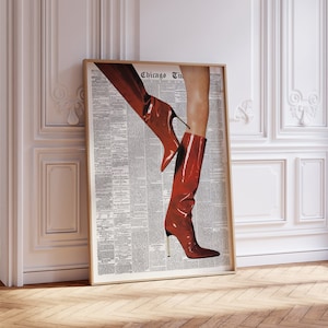 Retro Newspaper Red Boots Print, Trendy Wall art Poster, | Fashion Icon Poster, Red Wall ar, Retro Art | Instant Download