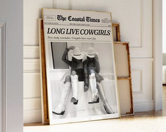 Coastal Cowgirl Wall Art Newspaper Print Wall Art, New York News | Western Wall Art Vintage Bar Cart, Dorm Retro Decor, Printable Wall Art